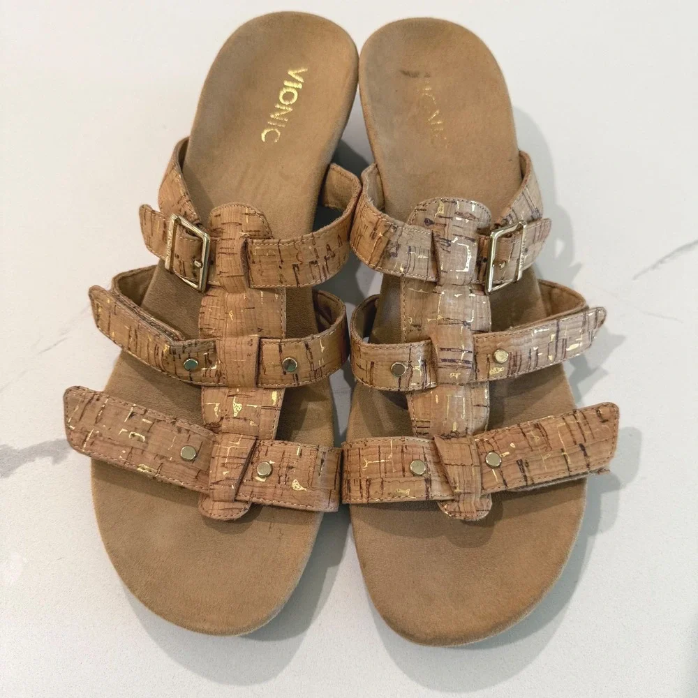 Vionic Radia Cork Gold Metallic Wedge Sandals Womens Size 11 Adjustable Straps